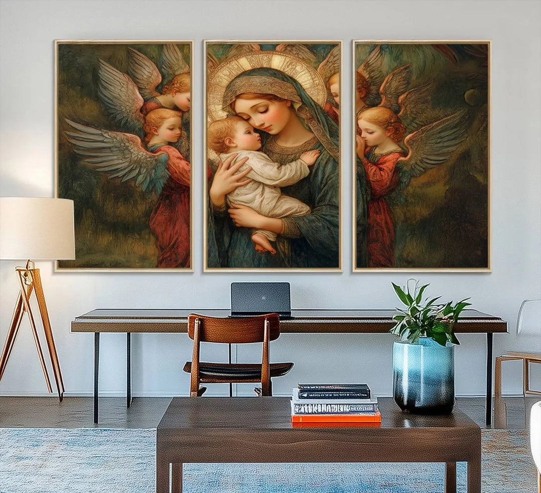 The Mary Jesus Canvas Wall Art Print features a tender depiction of the Madonna and Child surrounded by angels in warm, earthy tones. This classic Christian artwork is perfect for prayer or church decor.