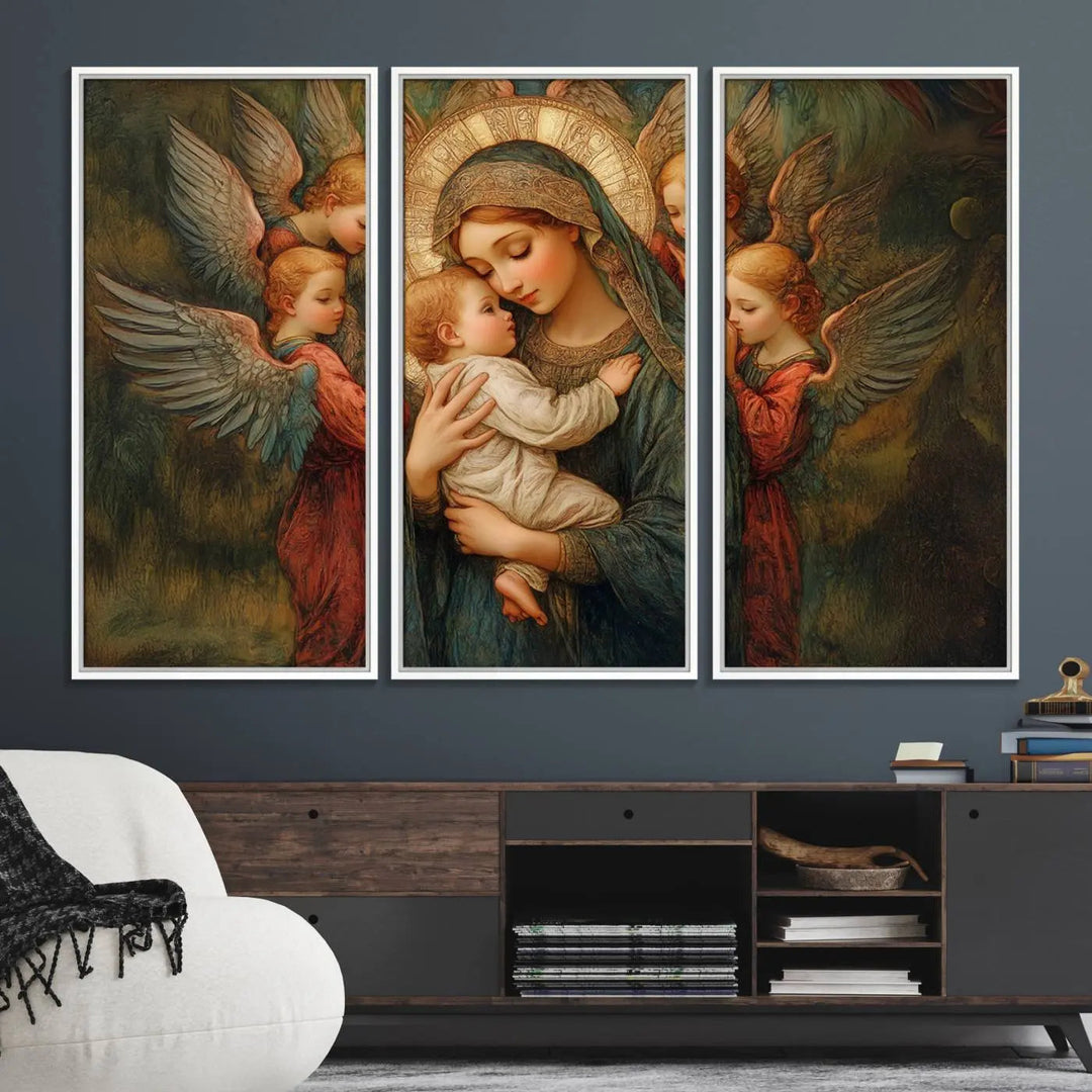 The Mary Jesus Canvas Wall Art Print features a tender depiction of the Madonna and Child surrounded by angels in warm, earthy tones. This classic Christian artwork is perfect for prayer or church decor.