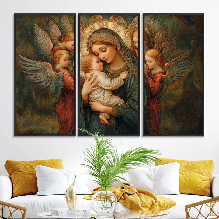 The Mary Jesus Canvas Wall Art Print features a tender depiction of the Madonna and Child surrounded by angels in warm, earthy tones. This classic Christian artwork is perfect for prayer or church decor.