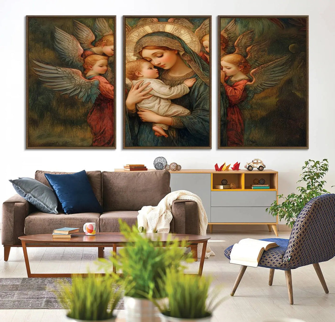 The Mary Jesus Canvas Wall Art Print features a tender depiction of the Madonna and Child surrounded by angels in warm, earthy tones. This classic Christian artwork is perfect for prayer or church decor.