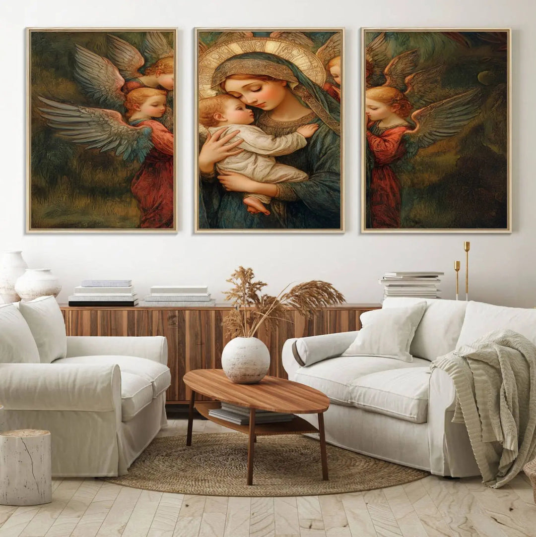 The Mary Jesus Canvas Wall Art Print features a tender depiction of the Madonna and Child surrounded by angels in warm, earthy tones. This classic Christian artwork is perfect for prayer or church decor.