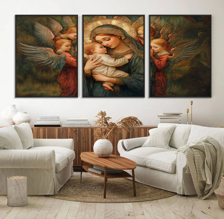 The Mary Jesus Canvas Wall Art Print features a tender depiction of the Madonna and Child surrounded by angels in warm, earthy tones. This classic Christian artwork is perfect for prayer or church decor.