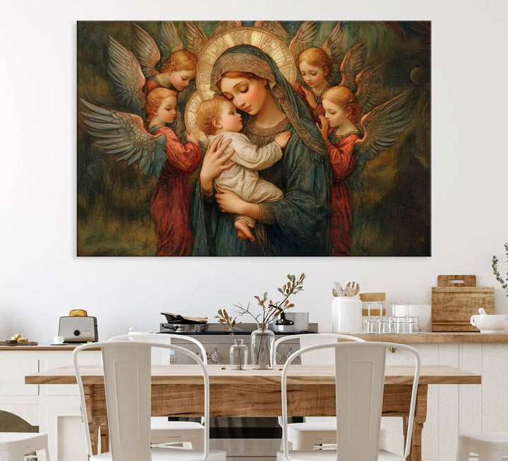 The Mary Jesus Canvas Wall Art Print features a tender depiction of the Madonna and Child surrounded by angels in warm, earthy tones. This classic Christian artwork is perfect for prayer or church decor.