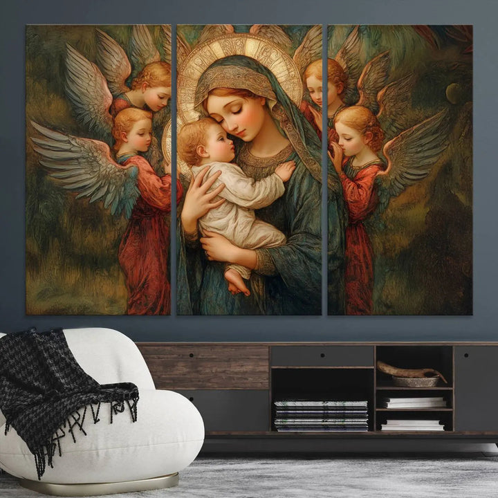 The Mary Jesus Canvas Wall Art Print features a tender depiction of the Madonna and Child surrounded by angels in warm, earthy tones. This classic Christian artwork is perfect for prayer or church decor.