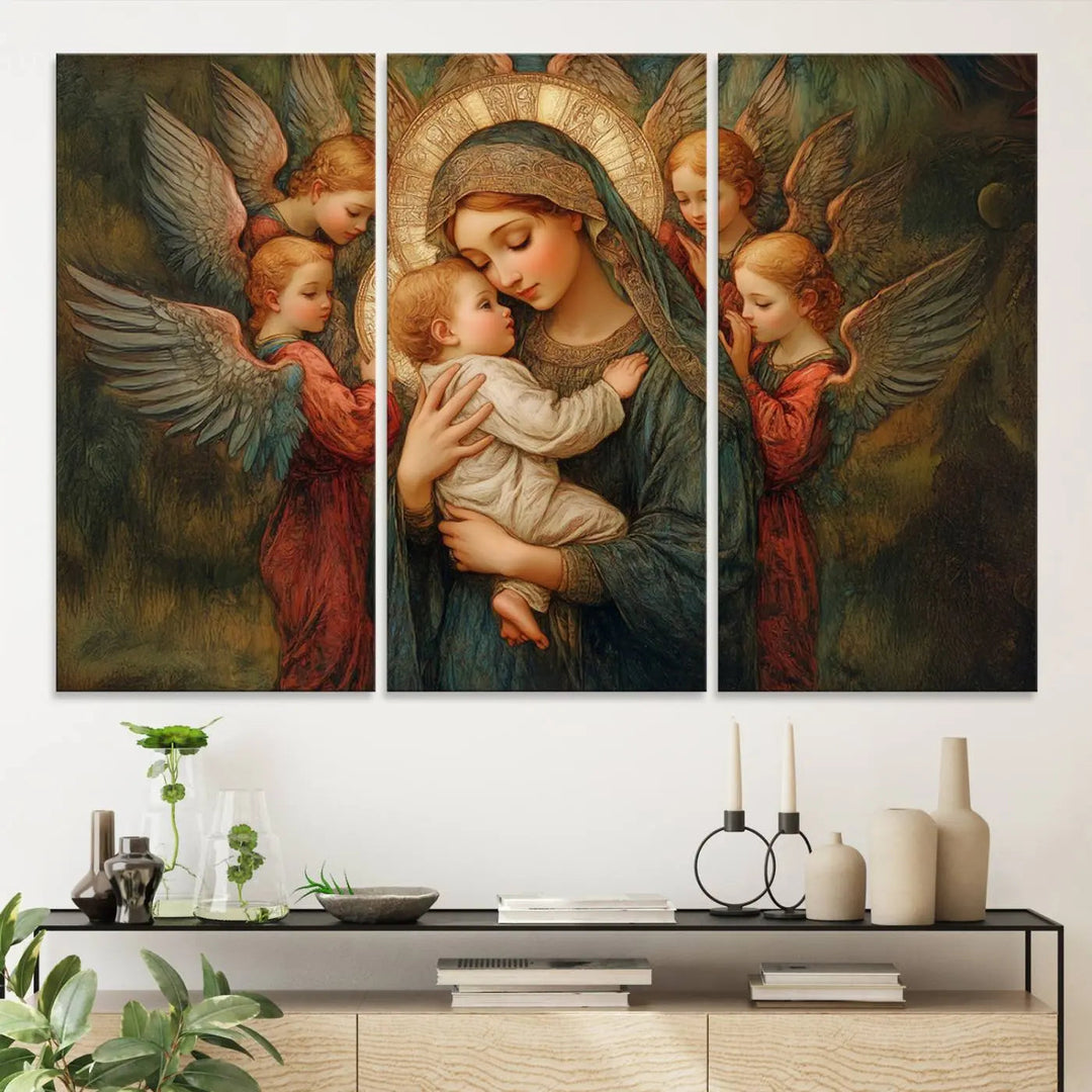 The Mary Jesus Canvas Wall Art Print features a tender depiction of the Madonna and Child surrounded by angels in warm, earthy tones. This classic Christian artwork is perfect for prayer or church decor.