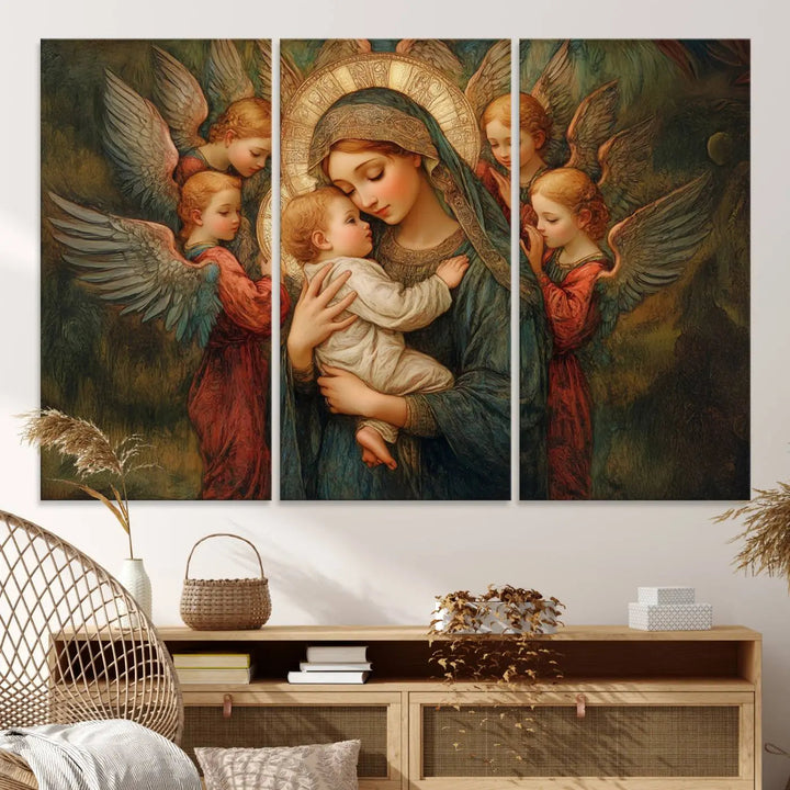 The Mary Jesus Canvas Wall Art Print features a tender depiction of the Madonna and Child surrounded by angels in warm, earthy tones. This classic Christian artwork is perfect for prayer or church decor.