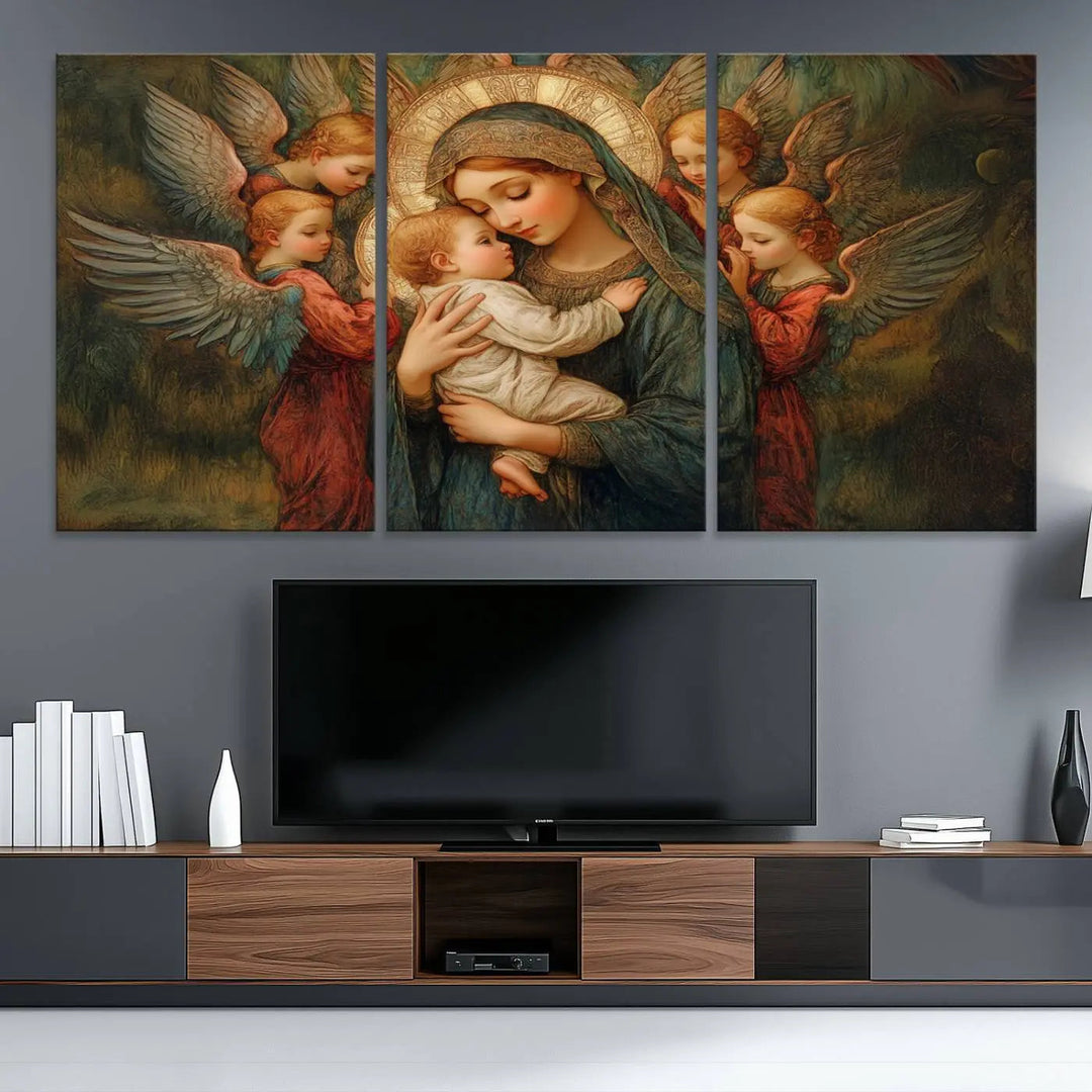 The Mary Jesus Canvas Wall Art Print features a tender depiction of the Madonna and Child surrounded by angels in warm, earthy tones. This classic Christian artwork is perfect for prayer or church decor.