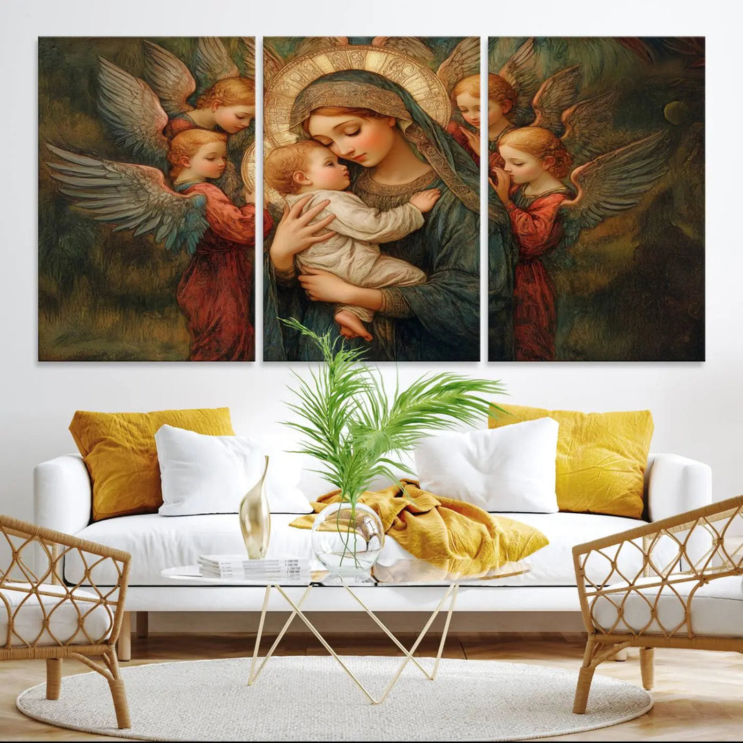 The Mary Jesus Canvas Wall Art Print features a tender depiction of the Madonna and Child surrounded by angels in warm, earthy tones. This classic Christian artwork is perfect for prayer or church decor.