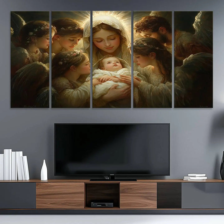 A painting titled "Mary Jesus Canvas Wall Art Print - Madonna and Child with Apostles" adorns the wall. This classic Christian artwork print adds timeless elegance to the space.