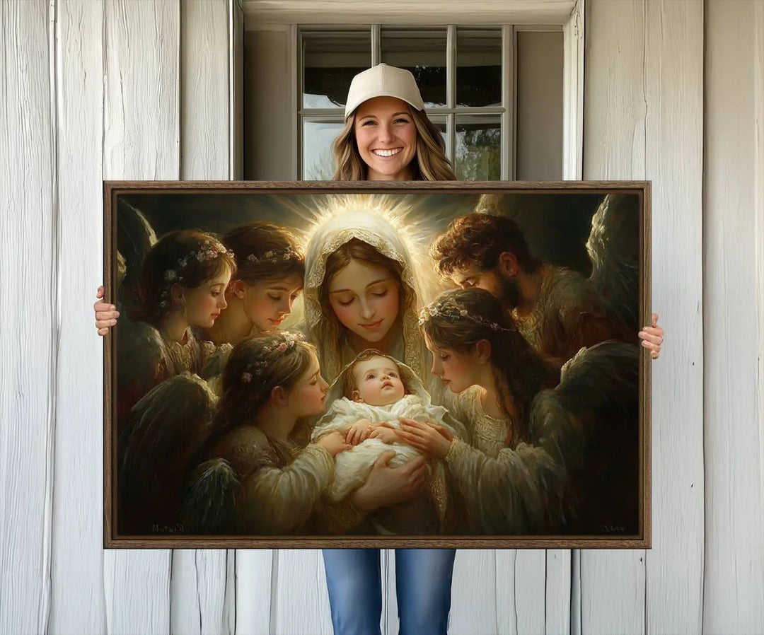 A painting titled "Mary Jesus Canvas Wall Art Print - Madonna and Child with Apostles" adorns the wall. This classic Christian artwork print adds timeless elegance to the space.