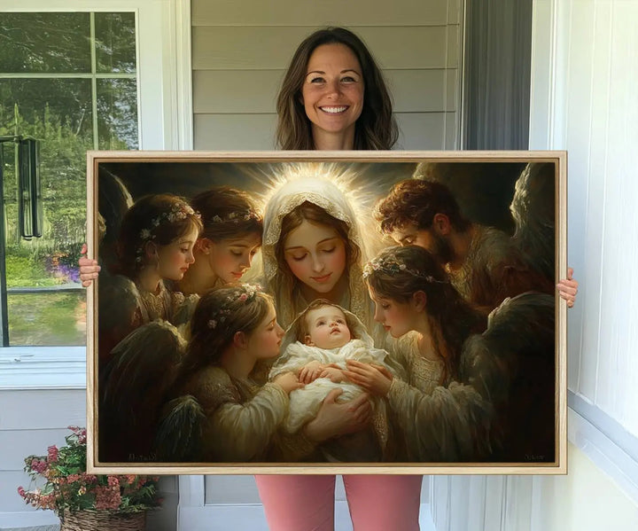 A painting titled "Mary Jesus Canvas Wall Art Print - Madonna and Child with Apostles" adorns the wall. This classic Christian artwork print adds timeless elegance to the space.