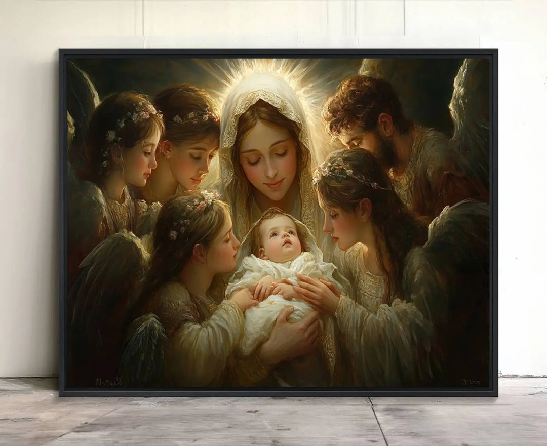 A painting titled "Mary Jesus Canvas Wall Art Print - Madonna and Child with Apostles" adorns the wall. This classic Christian artwork print adds timeless elegance to the space.