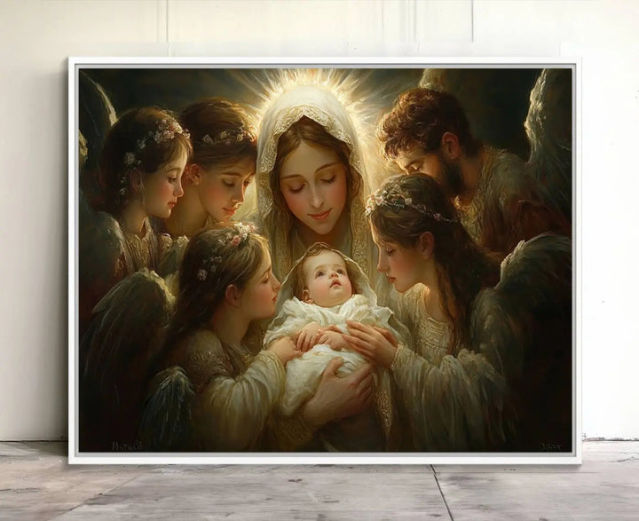 A painting titled "Mary Jesus Canvas Wall Art Print - Madonna and Child with Apostles" adorns the wall. This classic Christian artwork print adds timeless elegance to the space.