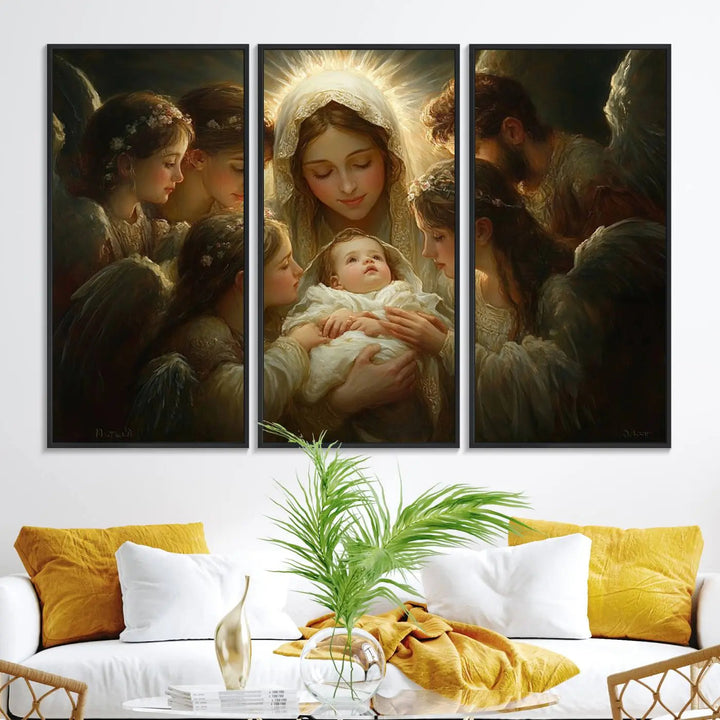 A tranquil Mary Jesus Canvas Wall Art Print featuring Madonna and Child with apostles enhances a dark wall.