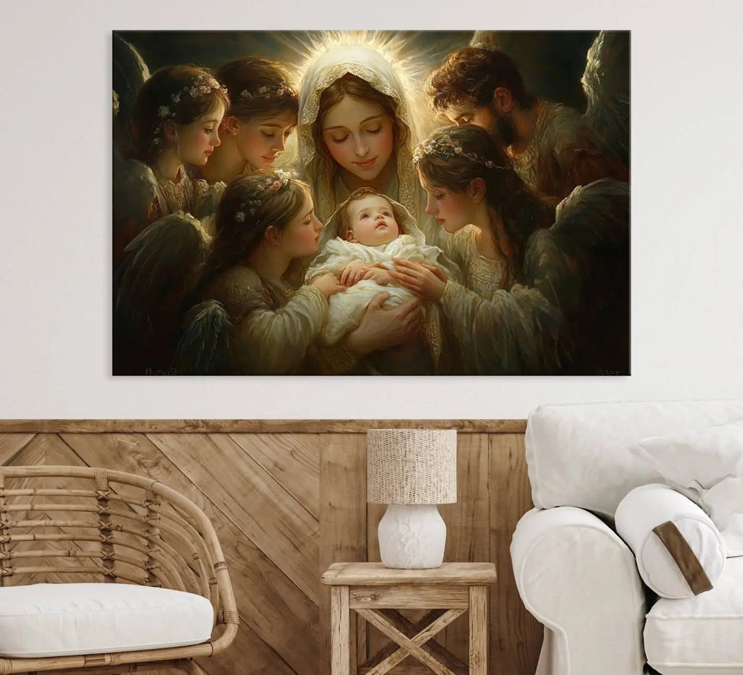 A painting titled "Mary Jesus Canvas Wall Art Print - Madonna and Child with Apostles" adorns the wall. This classic Christian artwork print adds timeless elegance to the space.