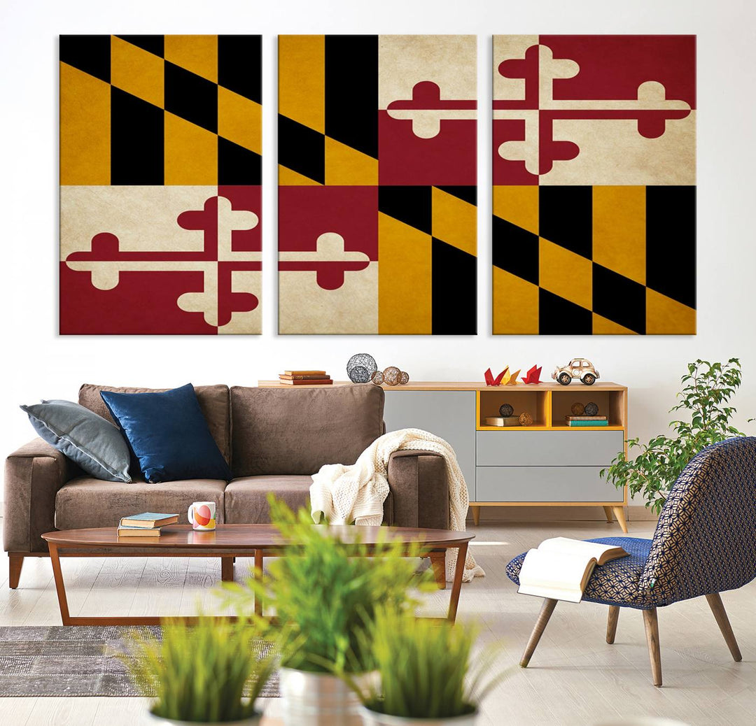 The Maryland Flag Wall Art Canvas Print brings a touch of elegance and features a UV-protective coating for lasting vibrancy.