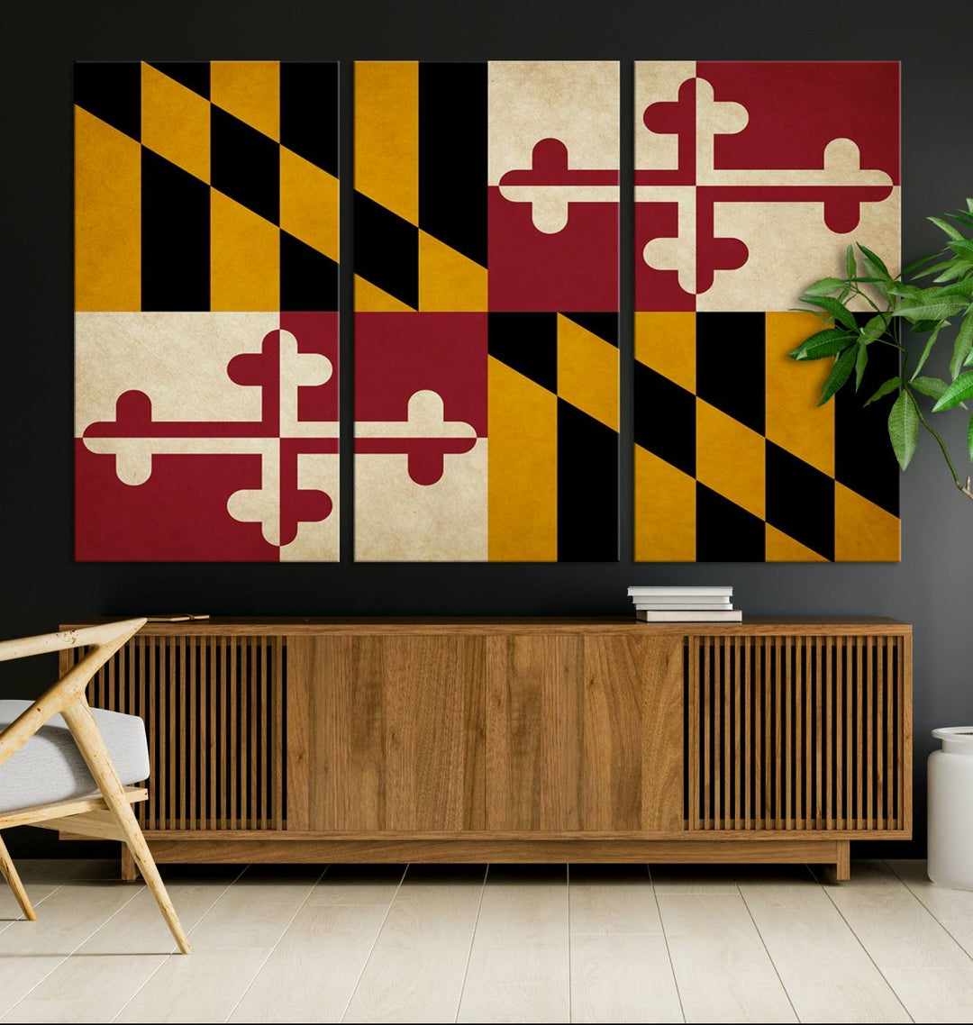 The Maryland Flag Wall Art Canvas Print brings a touch of elegance and features a UV-protective coating for lasting vibrancy.