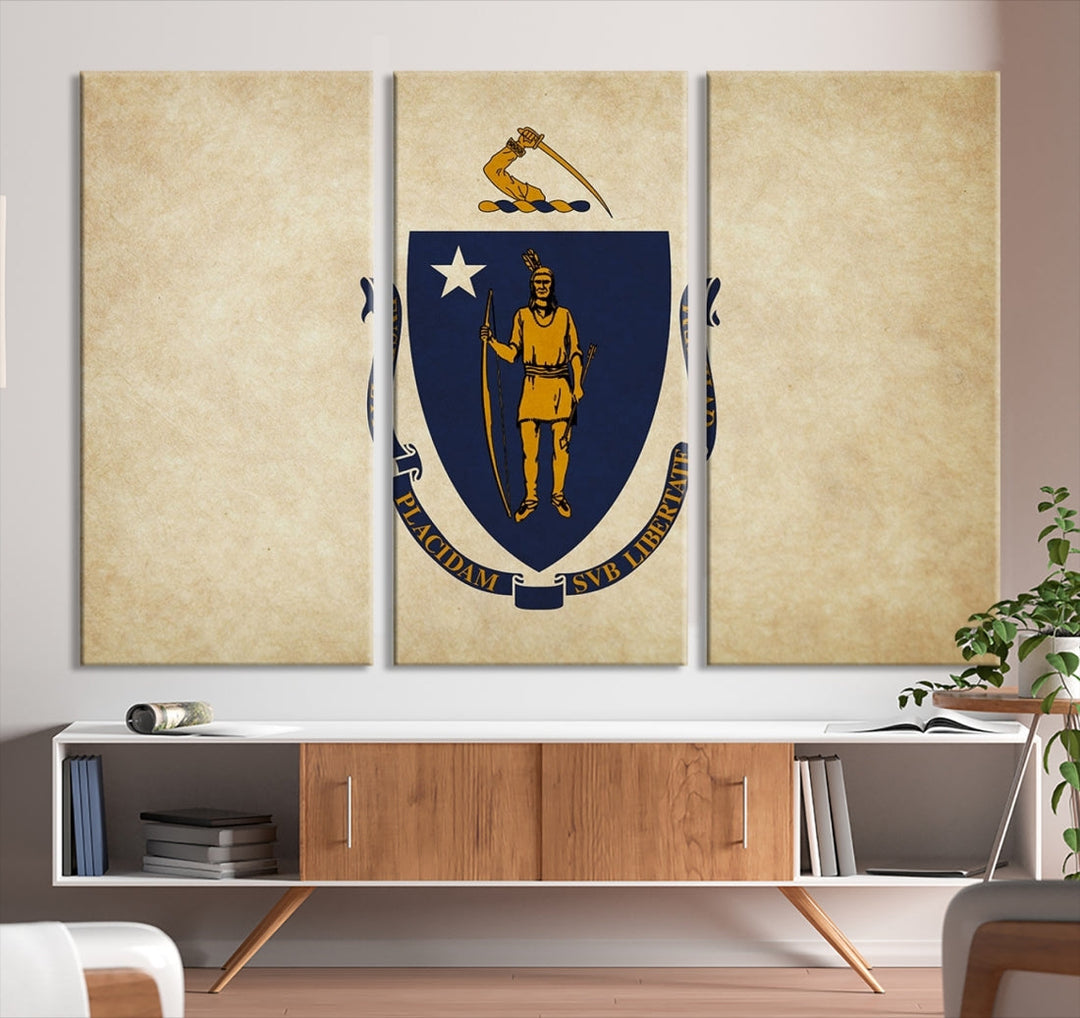 A living room is enhanced by the Massachusett Flag Wall Art Canvas Print, which is gallery-wrapped and museum-quality, mounted above.