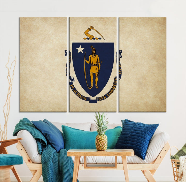 A living room is enhanced by the Massachusett Flag Wall Art Canvas Print, which is gallery-wrapped and museum-quality, mounted above.