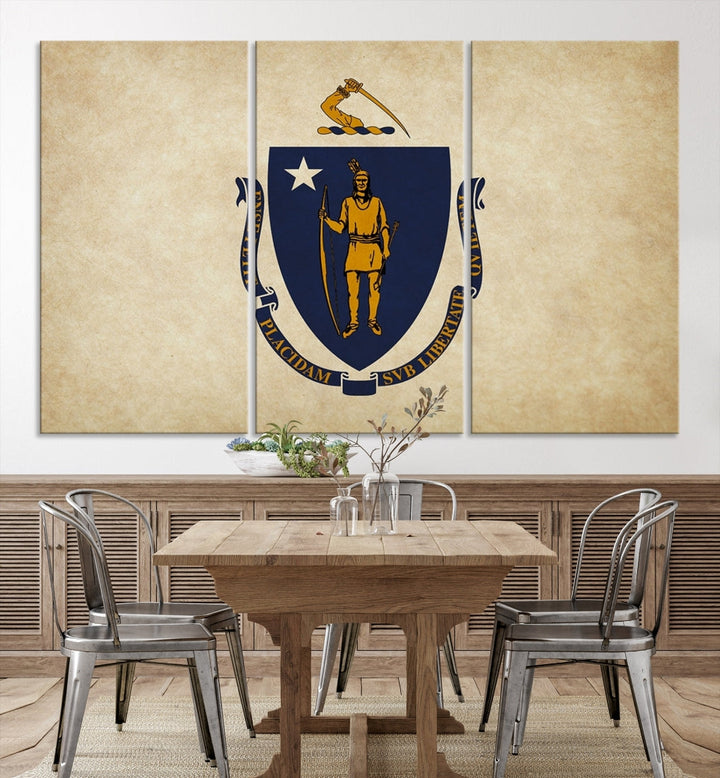 A living room is enhanced by the Massachusett Flag Wall Art Canvas Print, which is gallery-wrapped and museum-quality, mounted above.