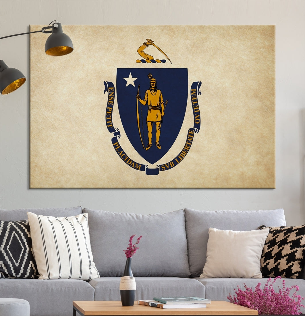 A living room is enhanced by the Massachusett Flag Wall Art Canvas Print, which is gallery-wrapped and museum-quality, mounted above.