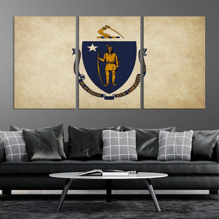 A living room is enhanced by the Massachusett Flag Wall Art Canvas Print, which is gallery-wrapped and museum-quality, mounted above.