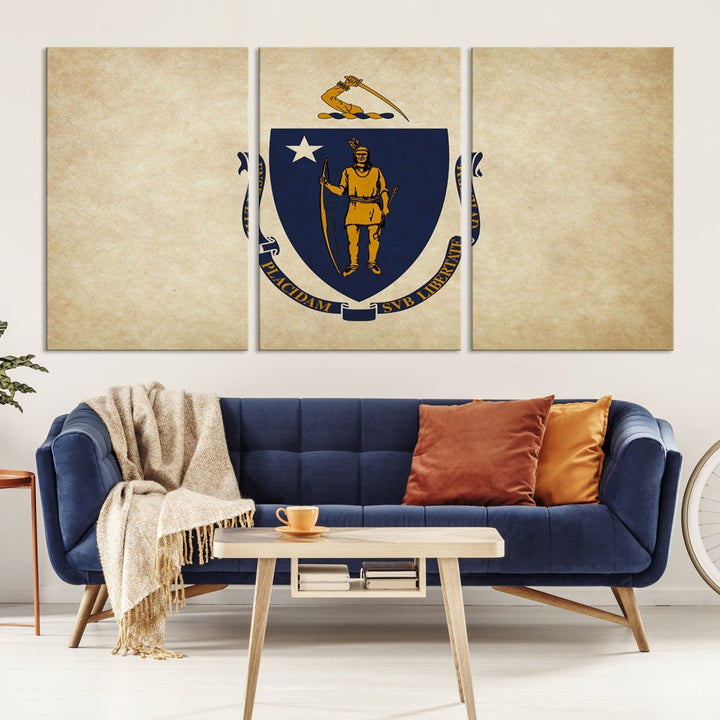 A living room is enhanced by the Massachusett Flag Wall Art Canvas Print, which is gallery-wrapped and museum-quality, mounted above.