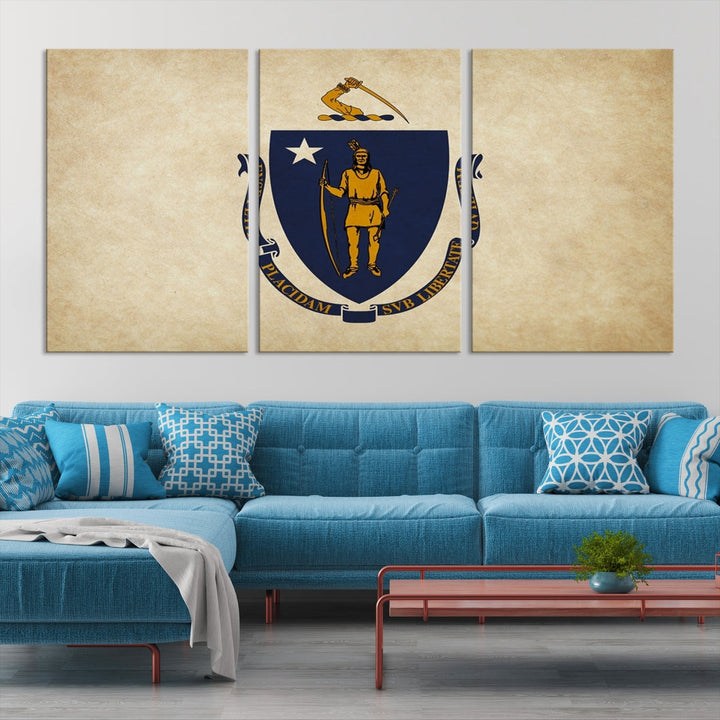 A living room is enhanced by the Massachusett Flag Wall Art Canvas Print, which is gallery-wrapped and museum-quality, mounted above.