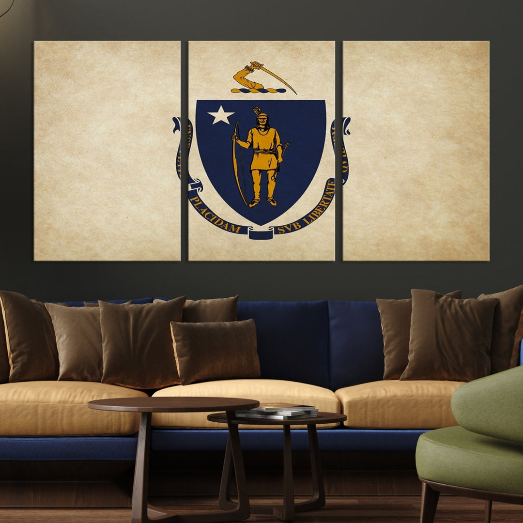 A living room is enhanced by the Massachusett Flag Wall Art Canvas Print, which is gallery-wrapped and museum-quality, mounted above.