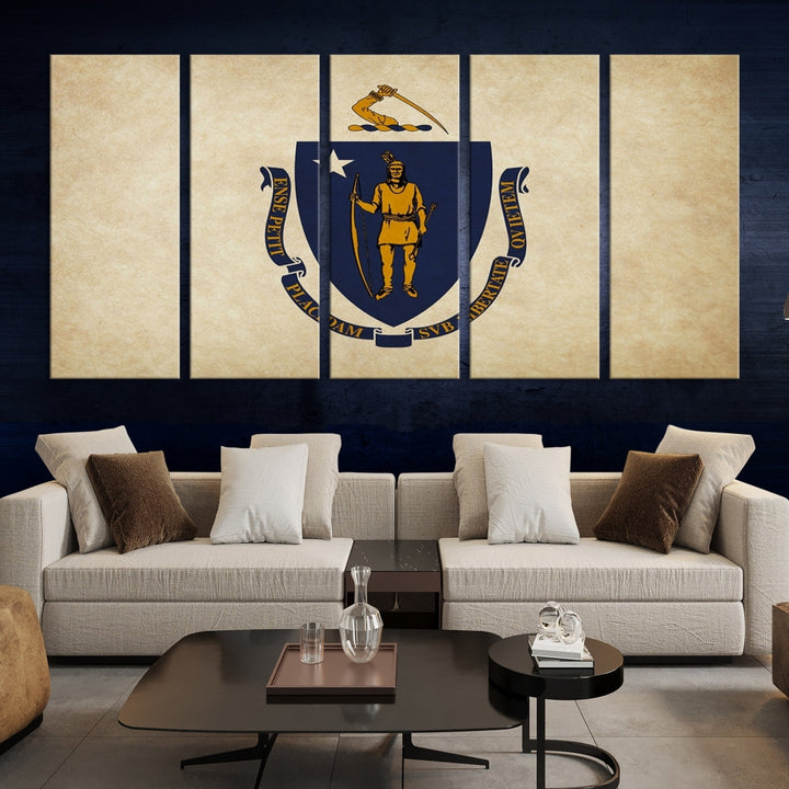 A living room is enhanced by the Massachusett Flag Wall Art Canvas Print, which is gallery-wrapped and museum-quality, mounted above.