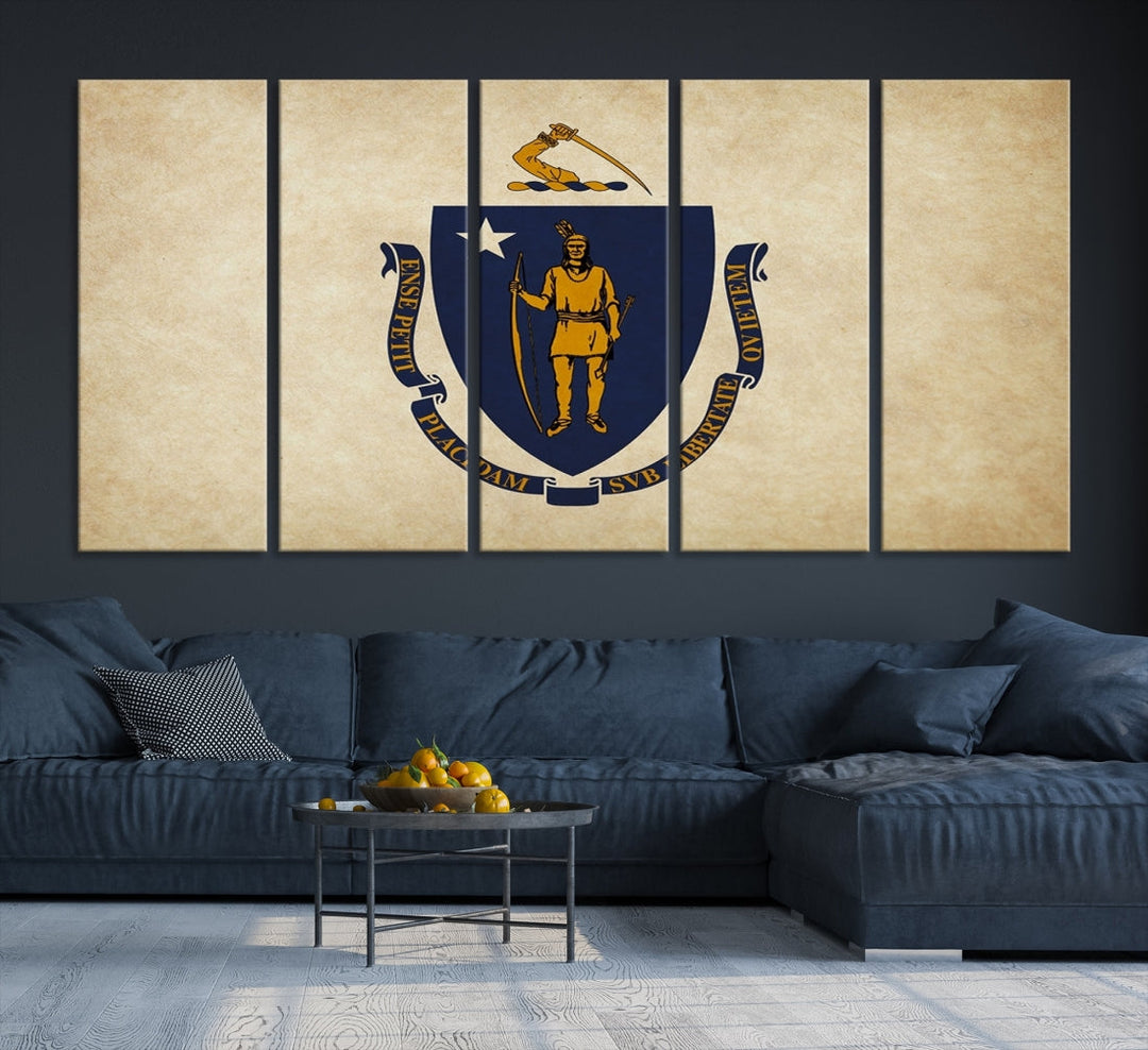 A living room is enhanced by the Massachusett Flag Wall Art Canvas Print, which is gallery-wrapped and museum-quality, mounted above.