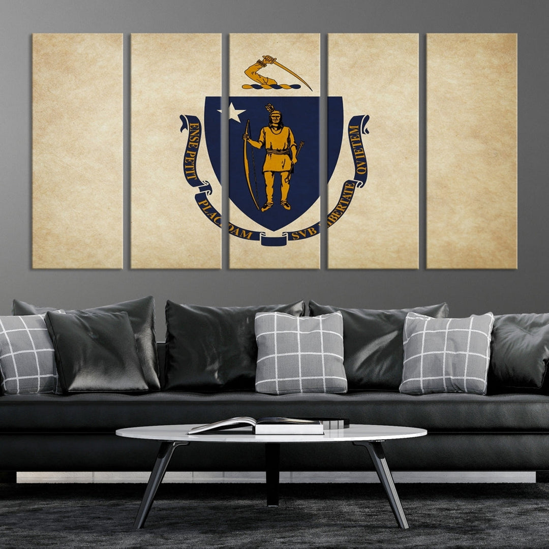 A living room is enhanced by the Massachusett Flag Wall Art Canvas Print, which is gallery-wrapped and museum-quality, mounted above.