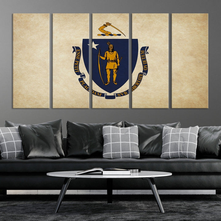 A living room is enhanced by the Massachusett Flag Wall Art Canvas Print, which is gallery-wrapped and museum-quality, mounted above.