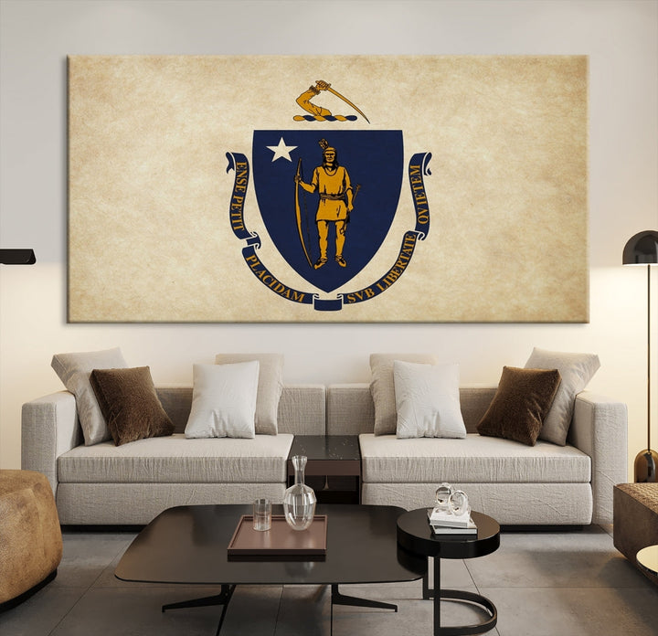 A living room is enhanced by the Massachusett Flag Wall Art Canvas Print, which is gallery-wrapped and museum-quality, mounted above.