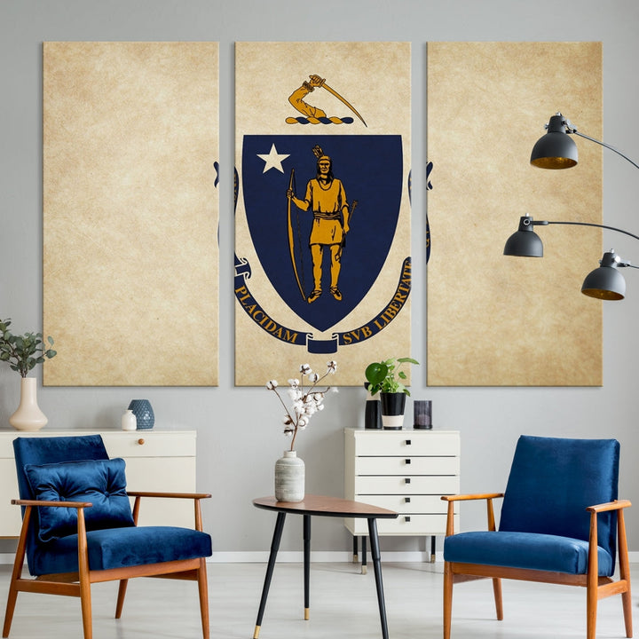 A living room is enhanced by the Massachusett Flag Wall Art Canvas Print, which is gallery-wrapped and museum-quality, mounted above.