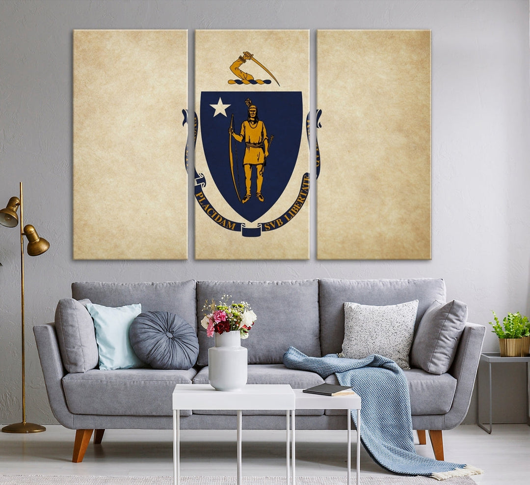 A living room is enhanced by the Massachusett Flag Wall Art Canvas Print, which is gallery-wrapped and museum-quality, mounted above.