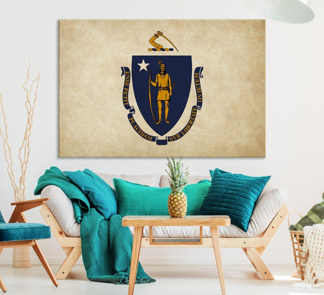 A living room is enhanced by the Massachusett Flag Wall Art Canvas Print, which is gallery-wrapped and museum-quality, mounted above.