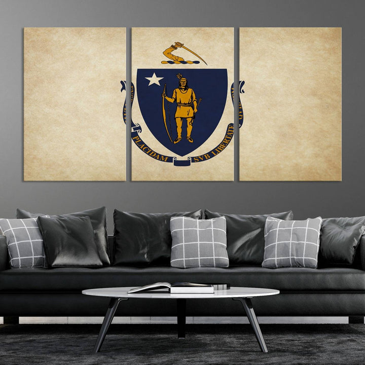 The Massachusetts State of Flag Wall Art Canvas Print, handcrafted on a museum-quality canvas with UV-protective coating, decorates the wall. It is ready to hang and adds a touch of elegance to the space.