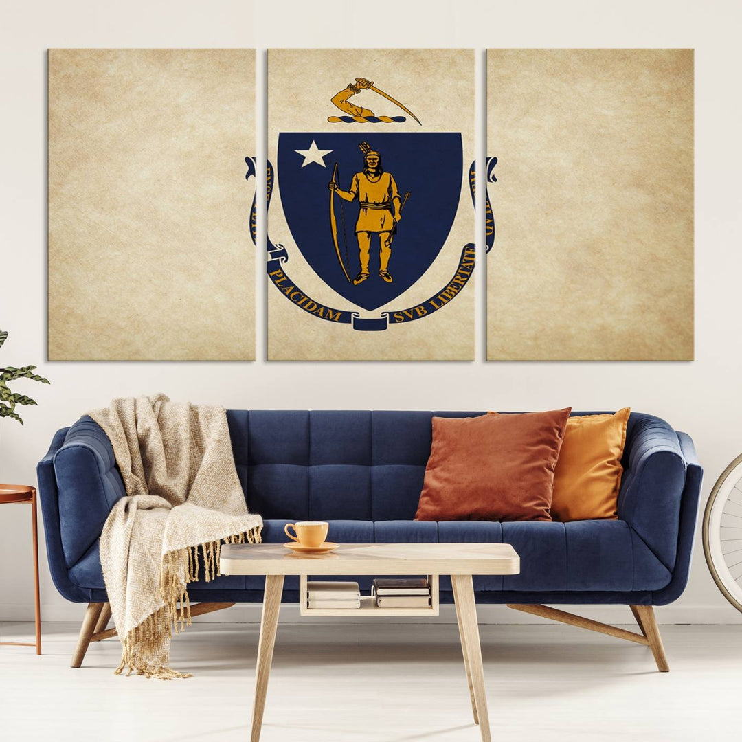 The Massachusetts State of Flag Wall Art Canvas Print, handcrafted on a museum-quality canvas with UV-protective coating, decorates the wall. It is ready to hang and adds a touch of elegance to the space.