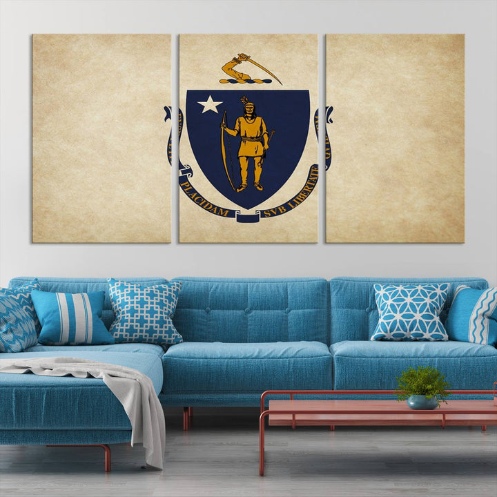 The Massachusetts State of Flag Wall Art Canvas Print, handcrafted on a museum-quality canvas with UV-protective coating, decorates the wall. It is ready to hang and adds a touch of elegance to the space.