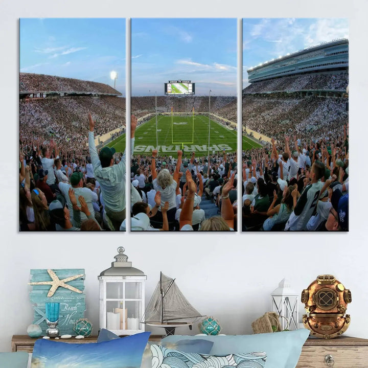 The Michigan State Spartans Football Team Print vividly captures the lively atmosphere of East Lansing's Spartan Stadium, presented as a stunning canvas print with a gallery-quality finish.