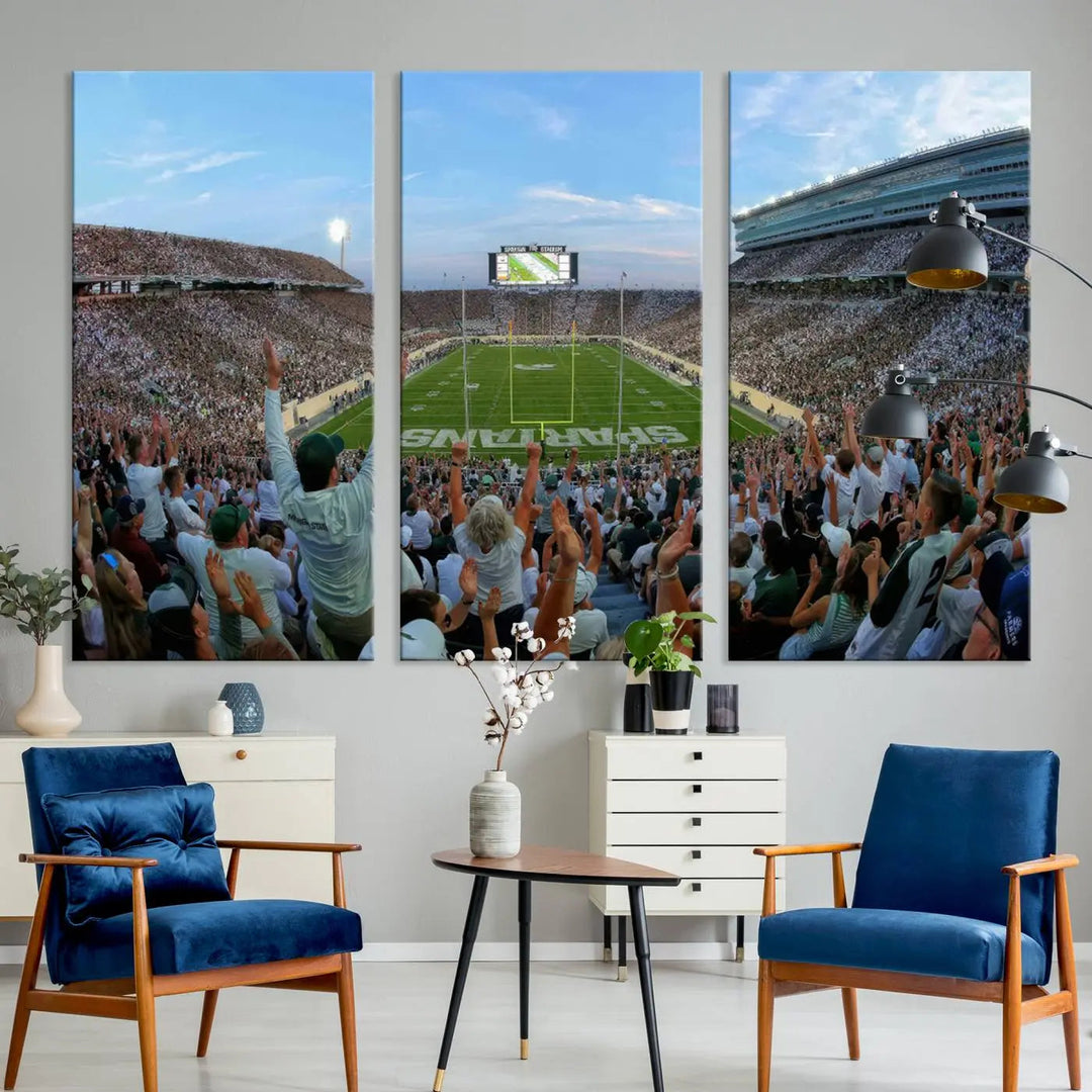 The Michigan State Spartans Football Team Print vividly captures the lively atmosphere of East Lansing's Spartan Stadium, presented as a stunning canvas print with a gallery-quality finish.