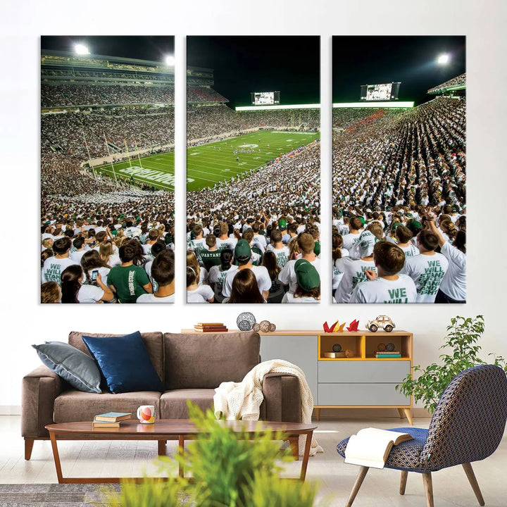 Above the dining table, a gallery-quality Michigan State Spartans Football Team Print on premium canvas is displayed, featuring a panoramic view of East Lansing's Spartan Stadium.