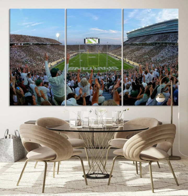 The Michigan State Spartans Football Team Print vividly captures the lively atmosphere of East Lansing's Spartan Stadium, presented as a stunning canvas print with a gallery-quality finish.