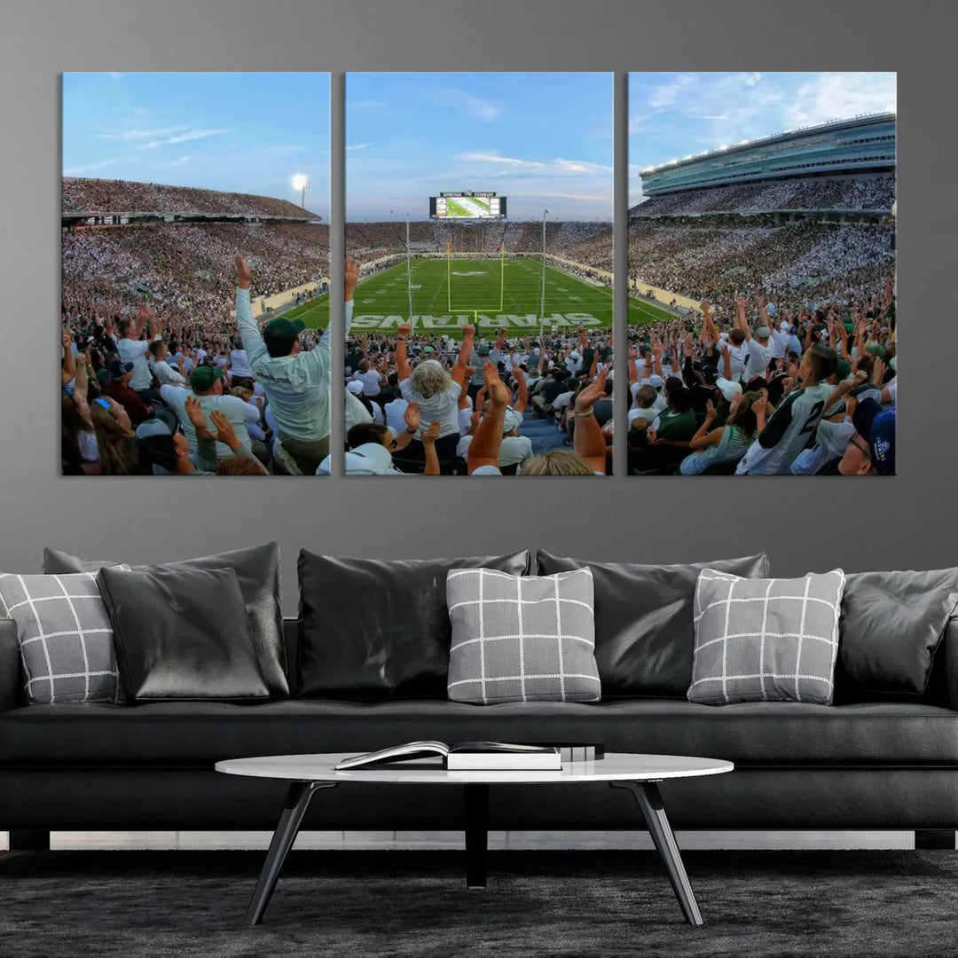 The Michigan State Spartans Football Team Print vividly captures the lively atmosphere of East Lansing's Spartan Stadium, presented as a stunning canvas print with a gallery-quality finish.