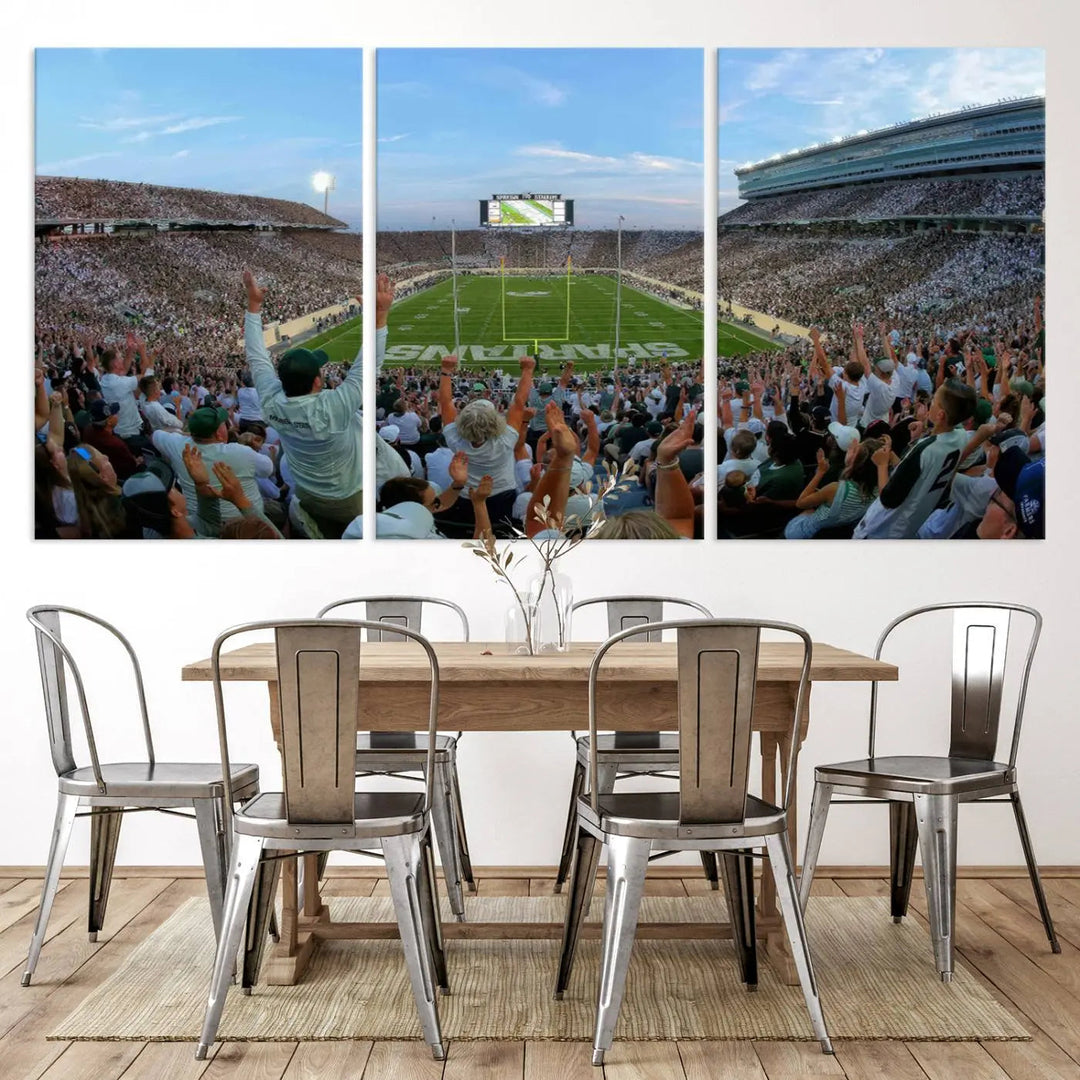 The Michigan State Spartans Football Team Print vividly captures the lively atmosphere of East Lansing's Spartan Stadium, presented as a stunning canvas print with a gallery-quality finish.