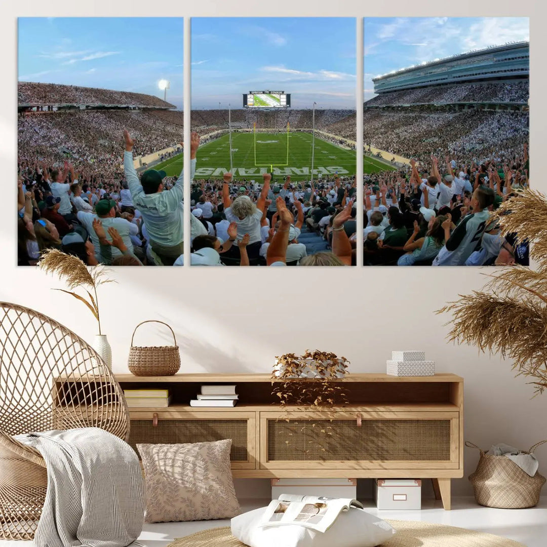 The Michigan State Spartans Football Team Print vividly captures the lively atmosphere of East Lansing's Spartan Stadium, presented as a stunning canvas print with a gallery-quality finish.