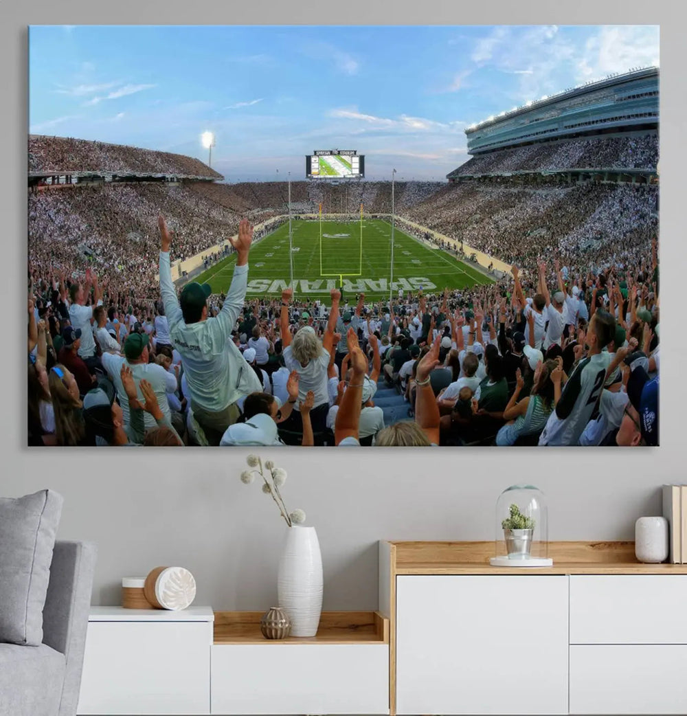 The Michigan State Spartans Football Team Print vividly captures the lively atmosphere of East Lansing's Spartan Stadium, presented as a stunning canvas print with a gallery-quality finish.