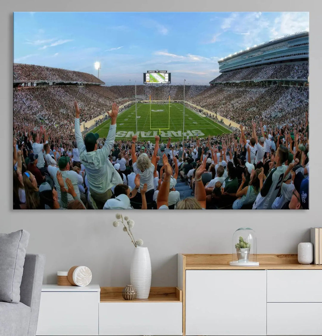 The Michigan State Spartans Football Team Print vividly captures the lively atmosphere of East Lansing's Spartan Stadium, presented as a stunning canvas print with a gallery-quality finish.