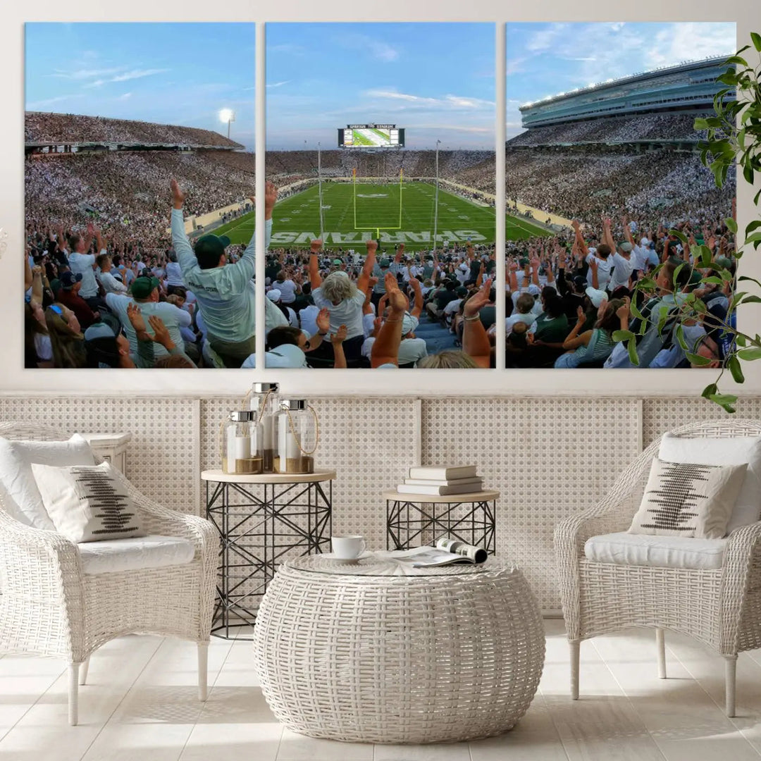 The Michigan State Spartans Football Team Print vividly captures the lively atmosphere of East Lansing's Spartan Stadium, presented as a stunning canvas print with a gallery-quality finish.